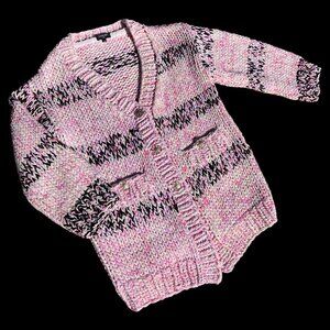 CHANEL Chunky Cable Knit Cotton Cardigan Sweater Jacket Pink Black Size 36 L XL